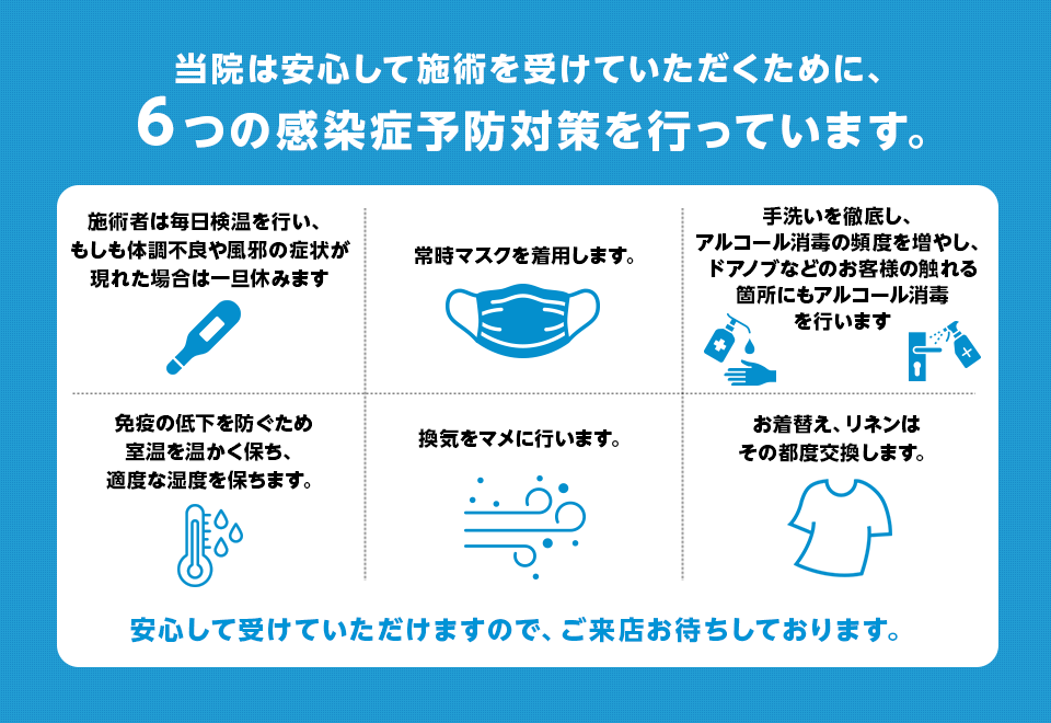 当院は安心して施術を受けていただくために、６つの感染症予防対策を行っています。